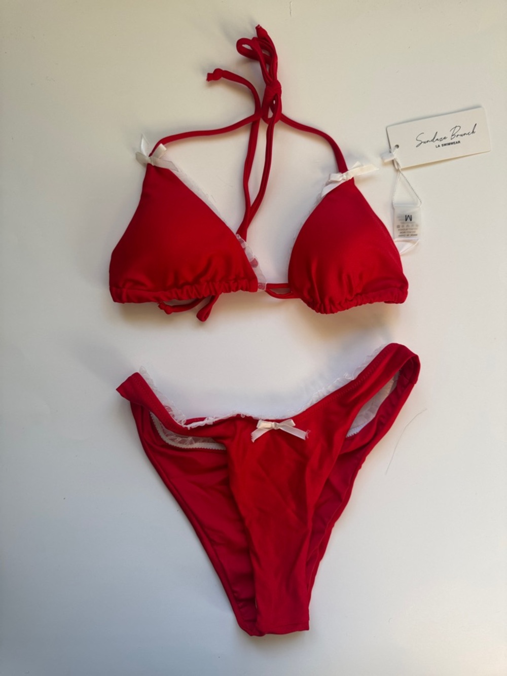 Red Lace-Trim Triangle Bikini Set - Women's Swim